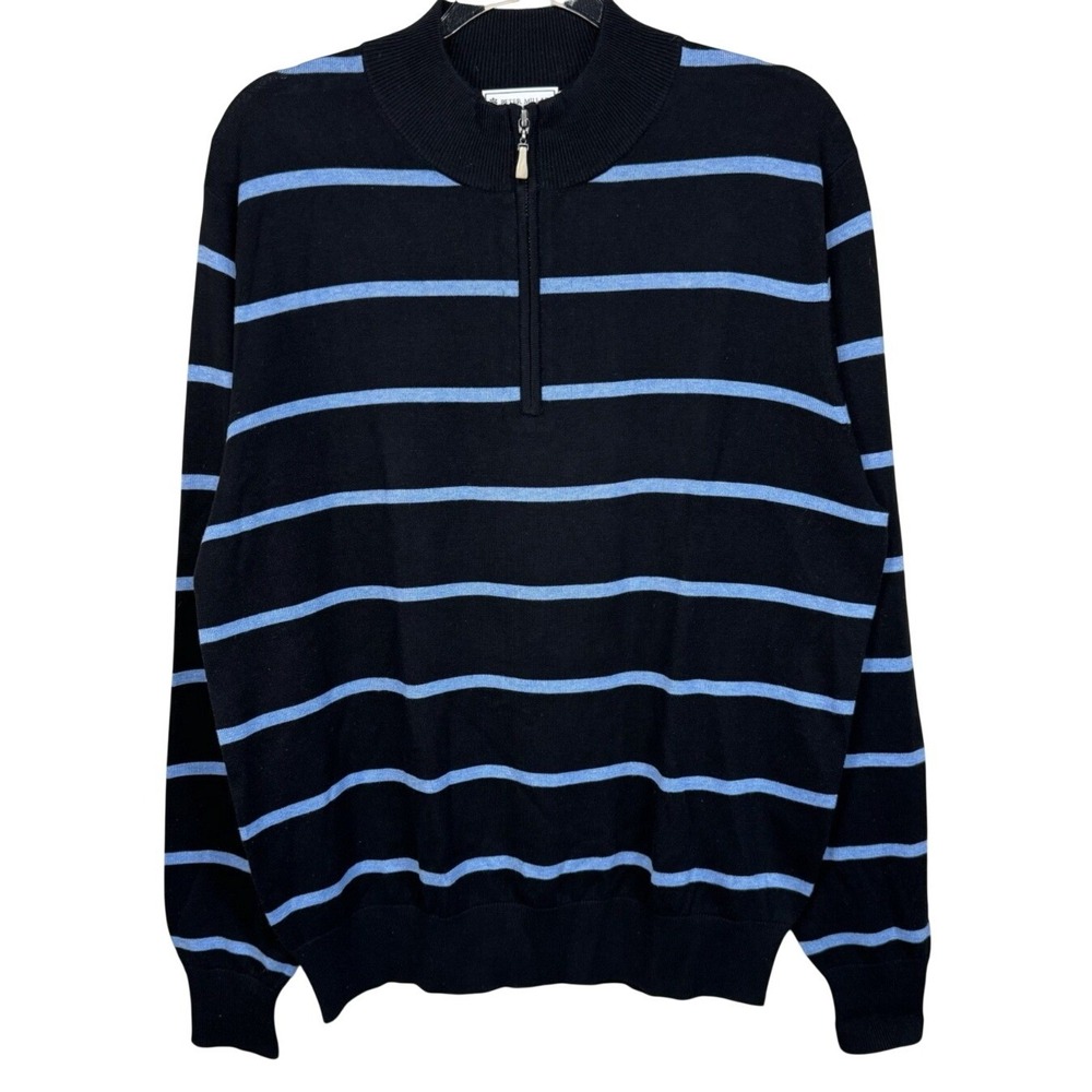 Peter Millar Sweater Mens Medium Quarter Zip Navy Light Blue‎ Stripe Silk Cotton